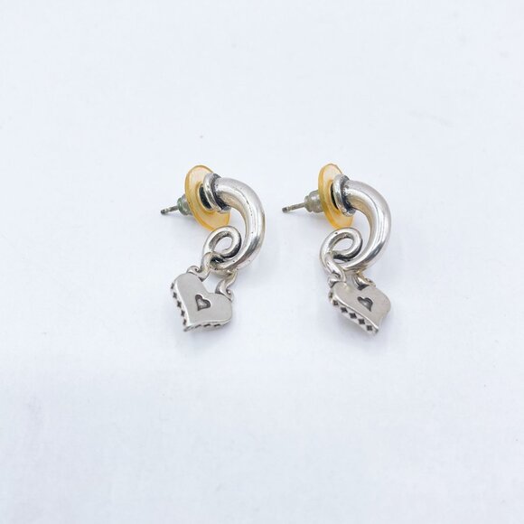 Silver Heart Padlock Dangle Earrings With Loop Design - Picture 1 of 4